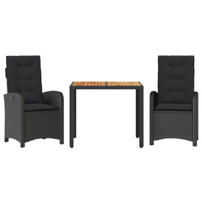 Set da Pranzo da Giardino 3 pz con Cuscini Nero in Polyrattan