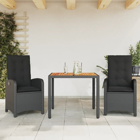 Set da Pranzo da Giardino 3 pz con Cuscini Nero in Polyrattan - homemem39