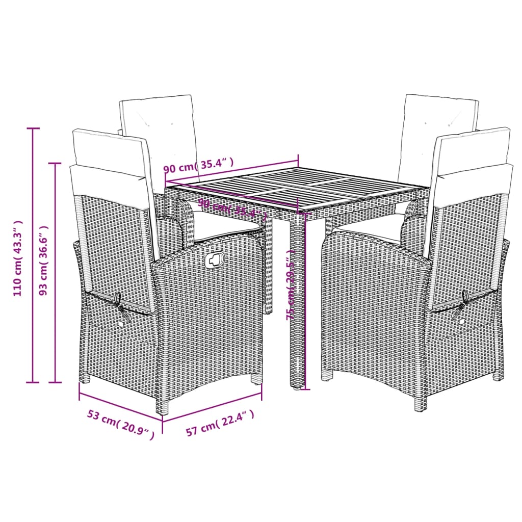 Set da Pranzo da Giardino 5 pz Nero con Cuscini in Polyrattan | homemem39