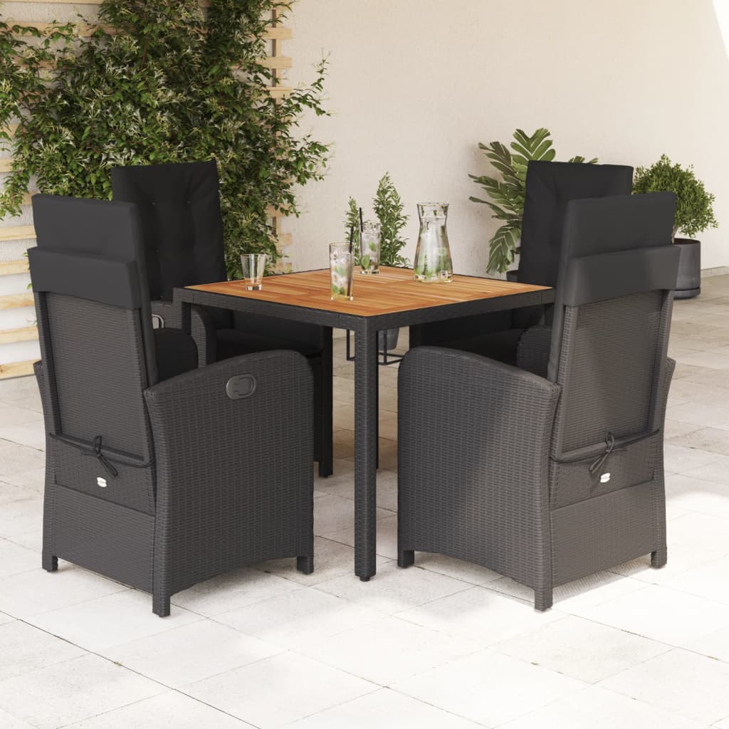 Set da Pranzo da Giardino 5 pz Nero con Cuscini in Polyrattan