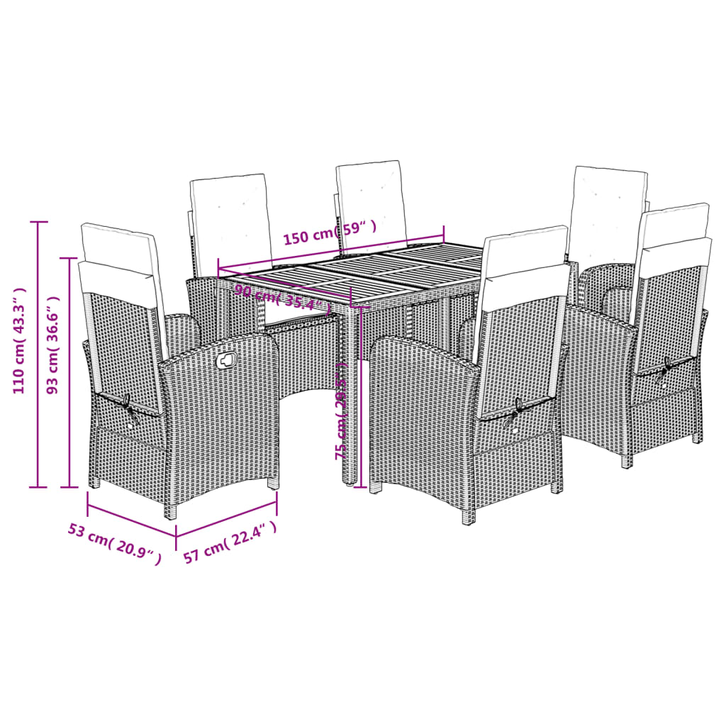 Set da Pranzo da Giardino 7 pz Nero con Cuscini in Polyrattan | homemem39