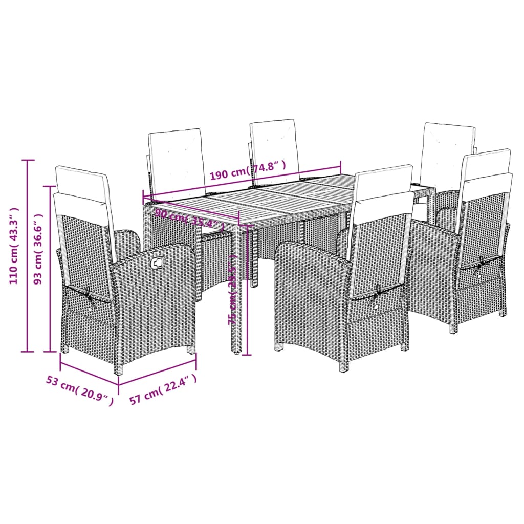 Set da Pranzo da Giardino 7 pz Nero con Cuscini in Polyrattan | homemem39