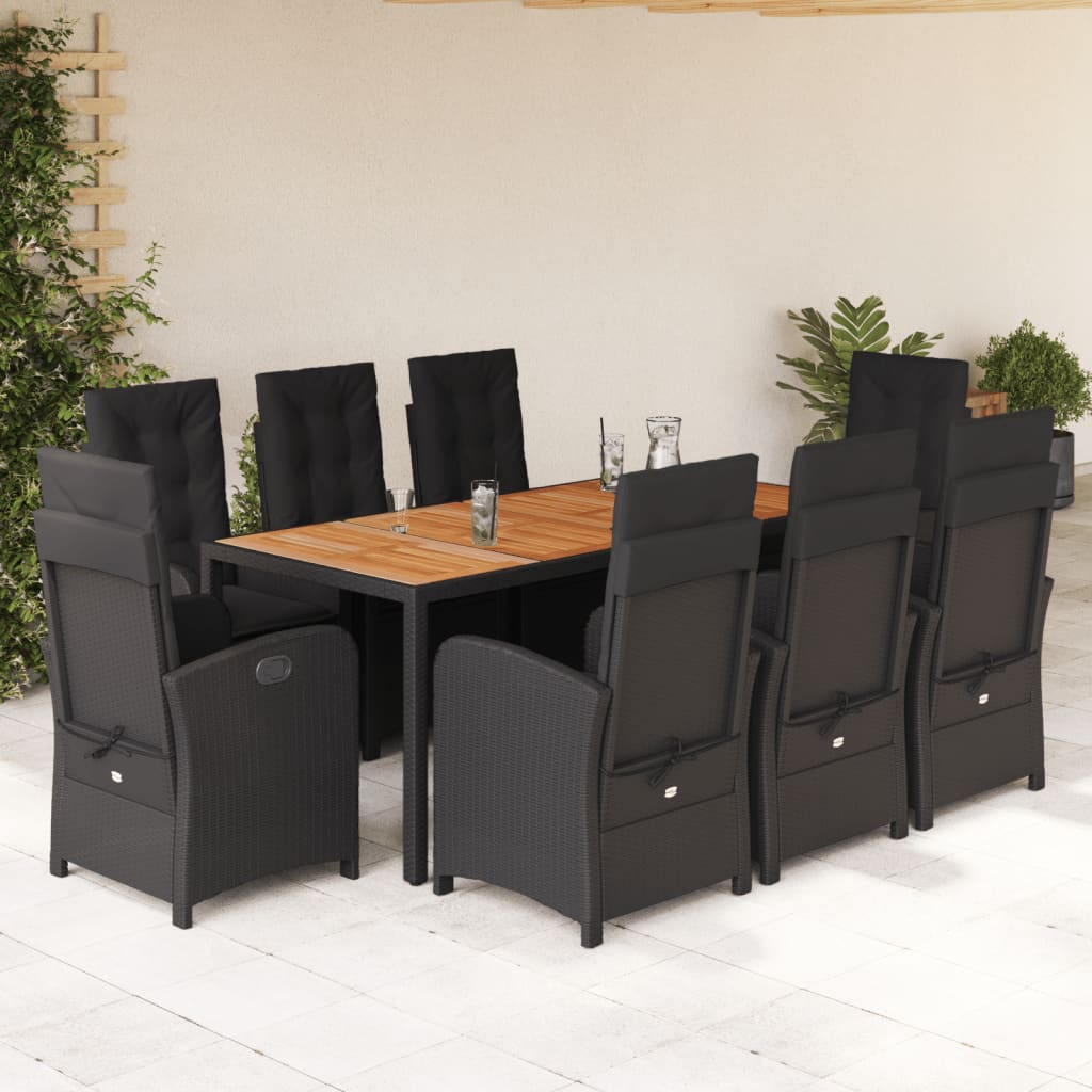 Set da Pranzo da Giardino 9 pz con Cuscini Nero in Polyrattan | homemem39