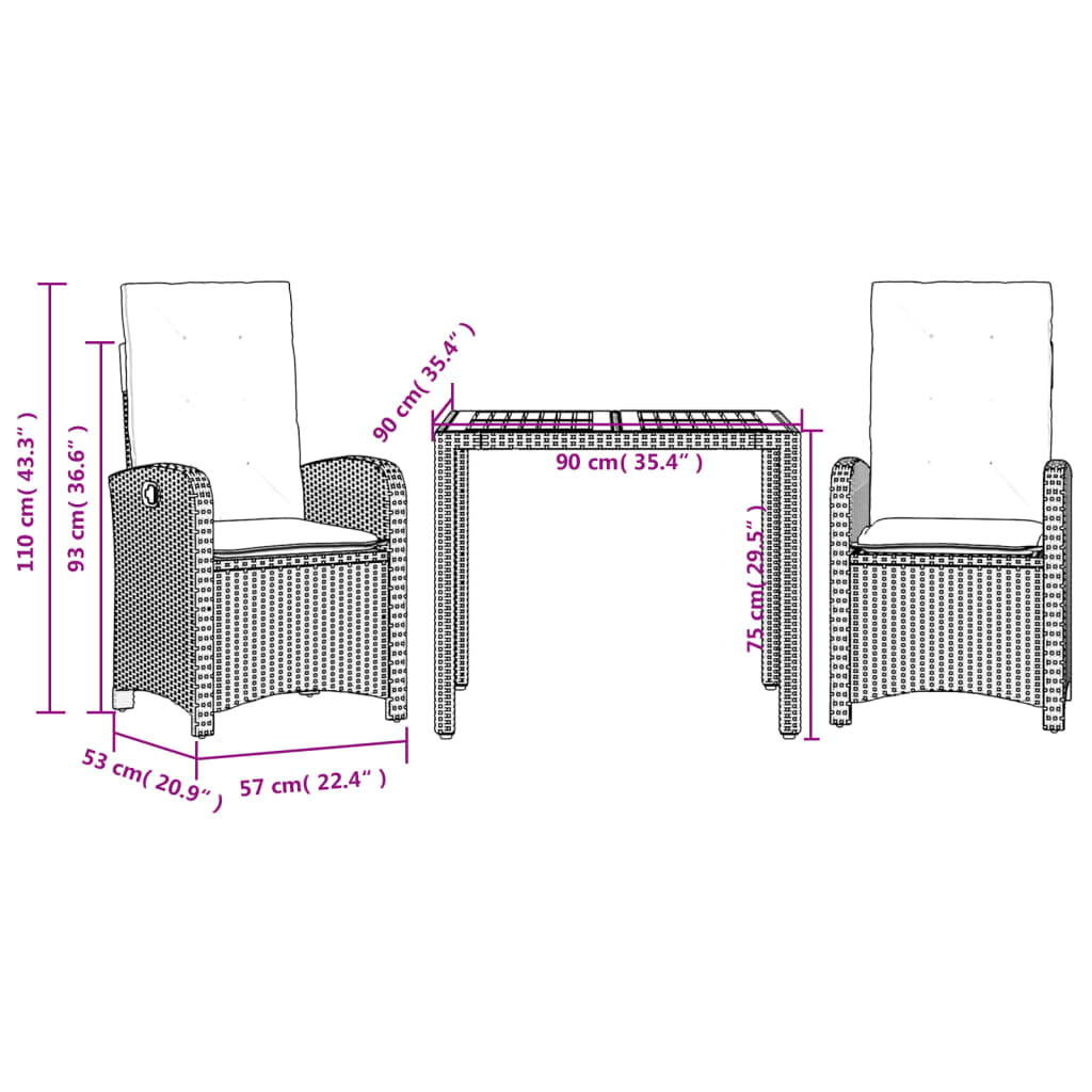 Set da Pranzo da Giardino 3 pz con Cuscini in Polyrattan Grigio | homemem39