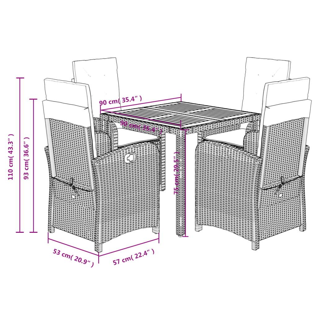 Set da Pranzo da Giardino 5 pz con Cuscini in Polyrattan Grigio | homemem39