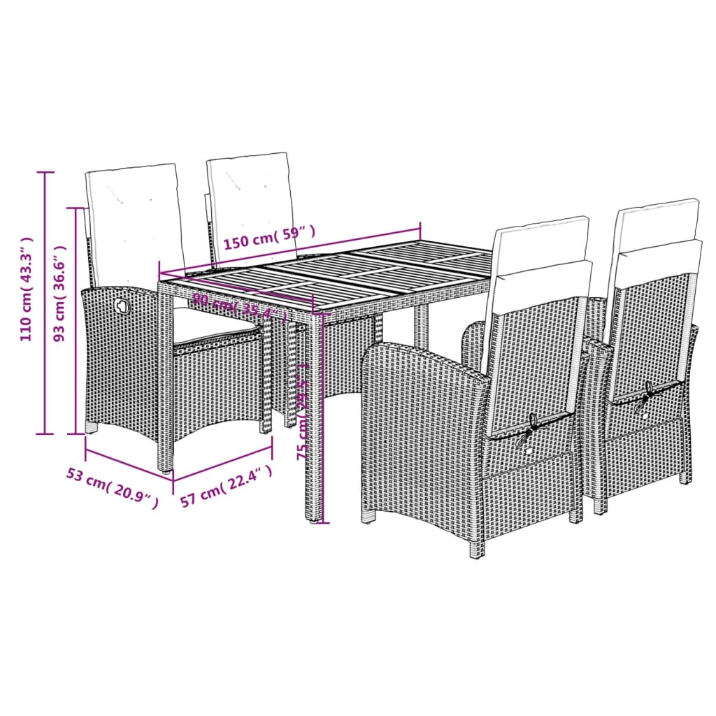 Set da Pranzo da Giardino 5 pz con Cuscini in Polyrattan Grigio | homemem39