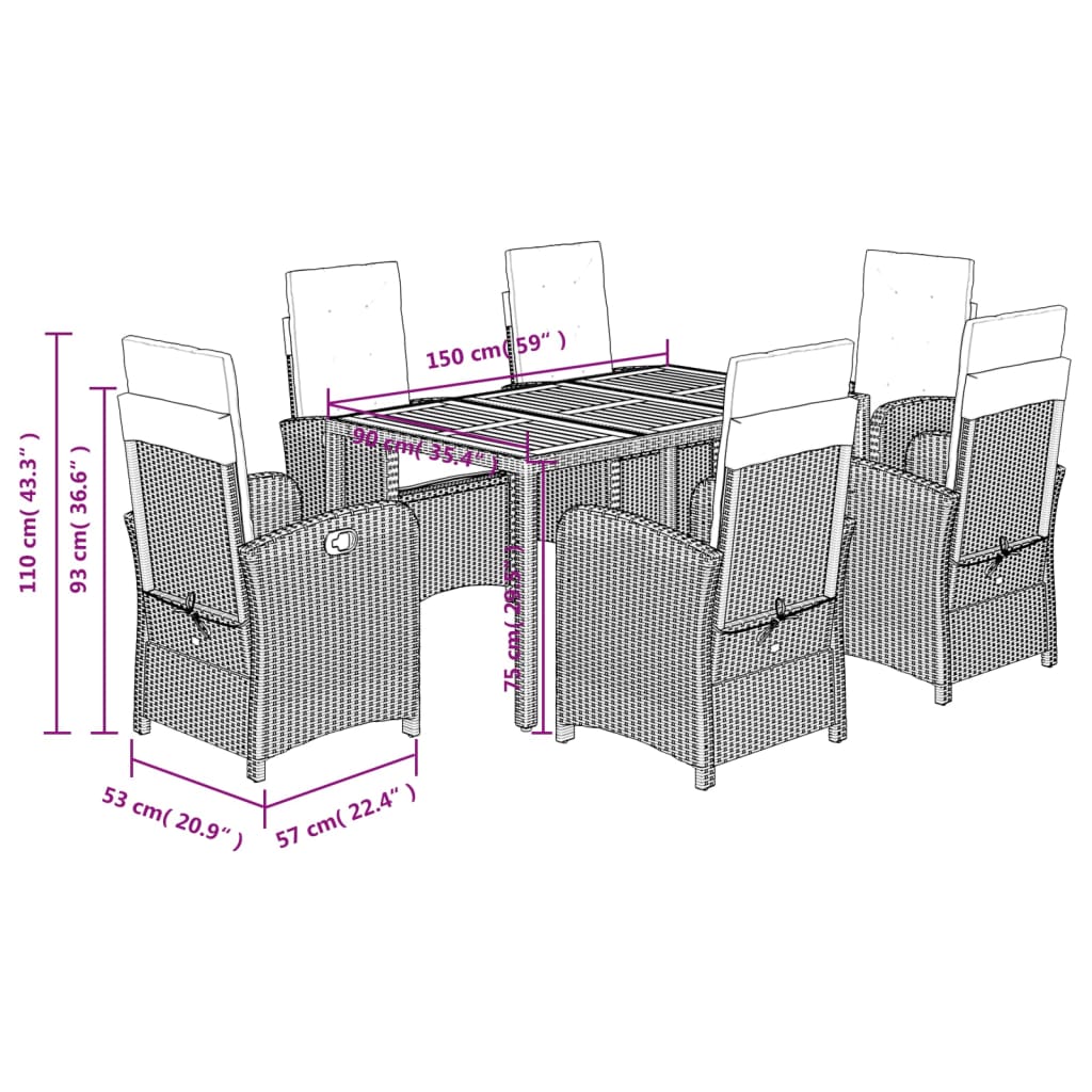 Set da Pranzo da Giardino 7 pz con Cuscini in Polyrattan Grigio | homemem39