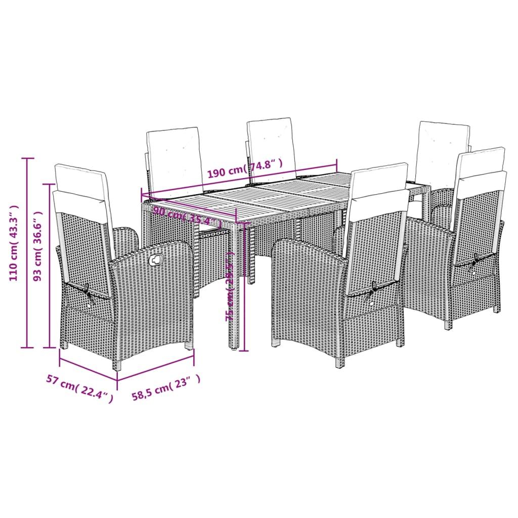 Set da Pranzo da Giardino 7 pz con Cuscini in Polyrattan Grigio | homemem39