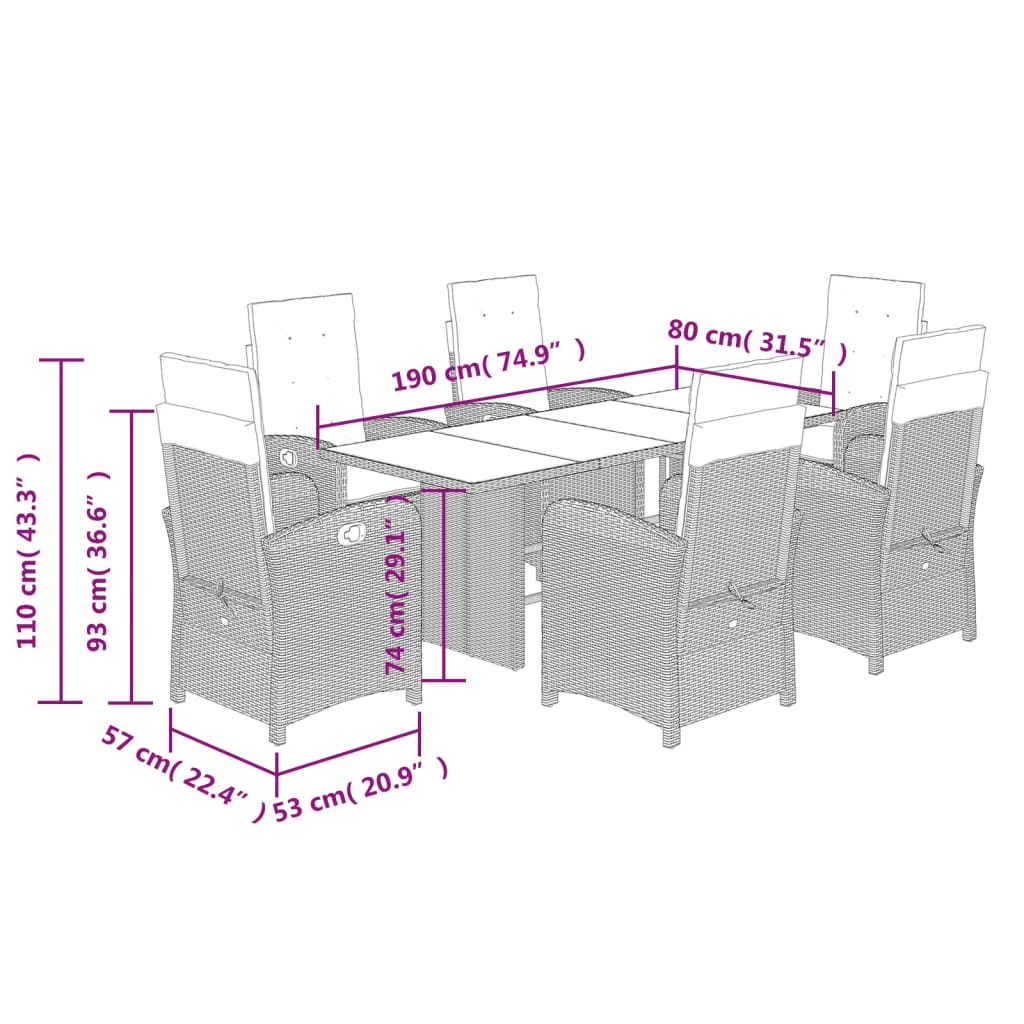 Set da Pranzo da Giardino 7 pz Nero con Cuscini in Polyrattan | homemem39