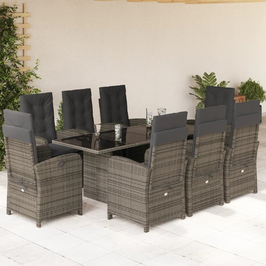 Set da Pranzo da Giardino 9 pz con Cuscini in Polyrattan Grigio - homemem39