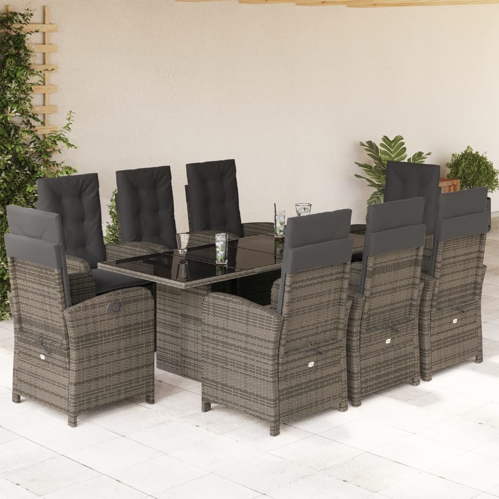 Set da Pranzo da Giardino 9 pz con Cuscini in Polyrattan Grigio - homemem39