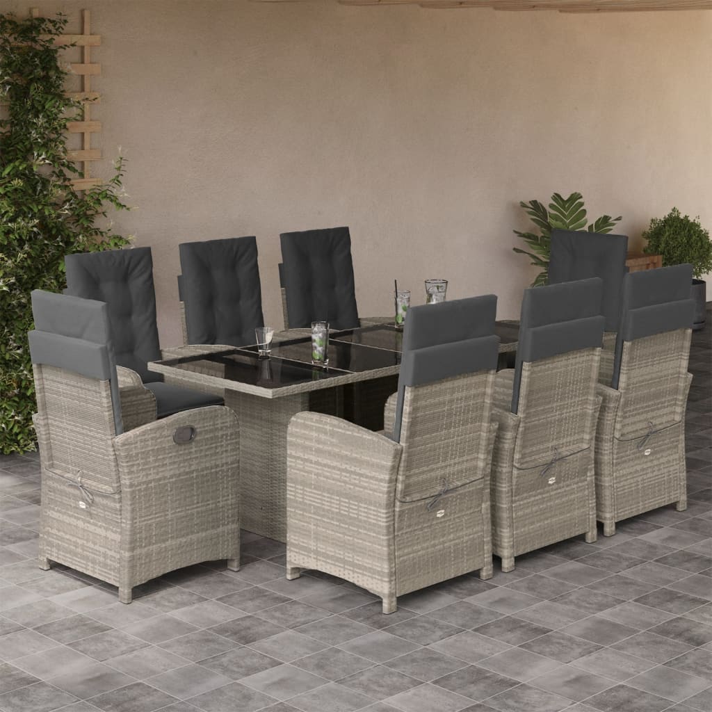 Set Pranzo da Giardino 9pz con Cuscini Grigio Chiaro Polyrattan | homemem39