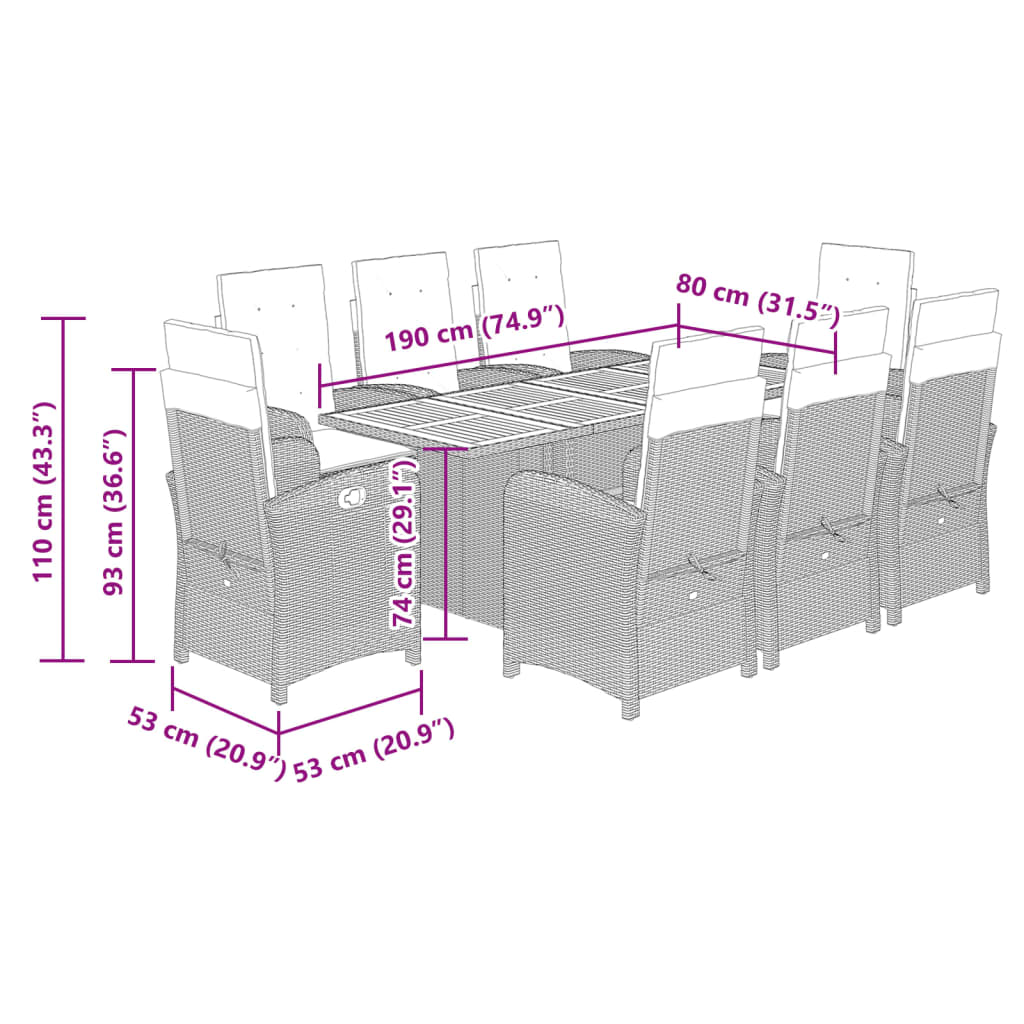 Set da Pranzo da Giardino 9 pz con Cuscini Beige in Polyrattan | homemem39
