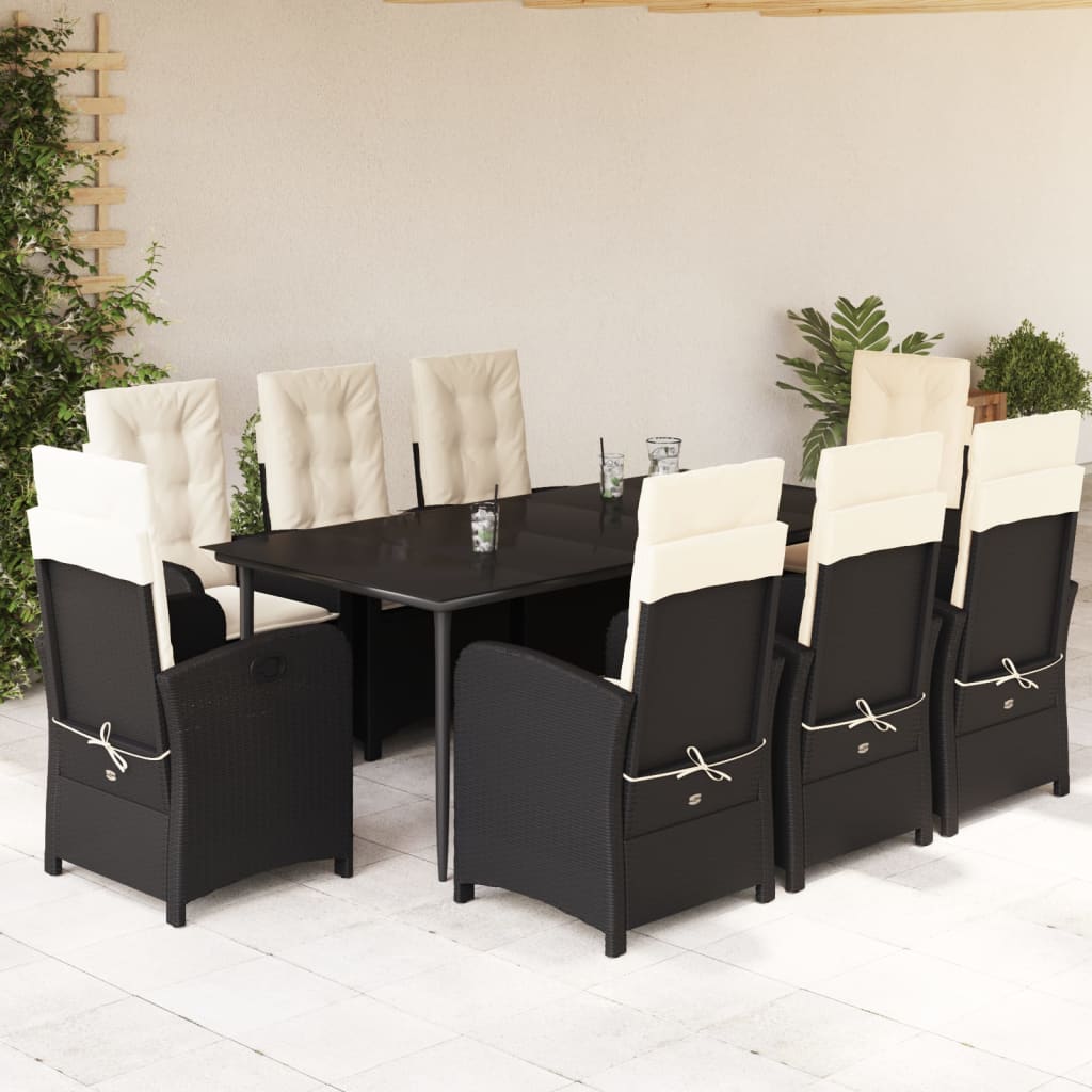 Set da Pranzo da Giardino 9 pz con Cuscini Nero in Polyrattan - homemem39