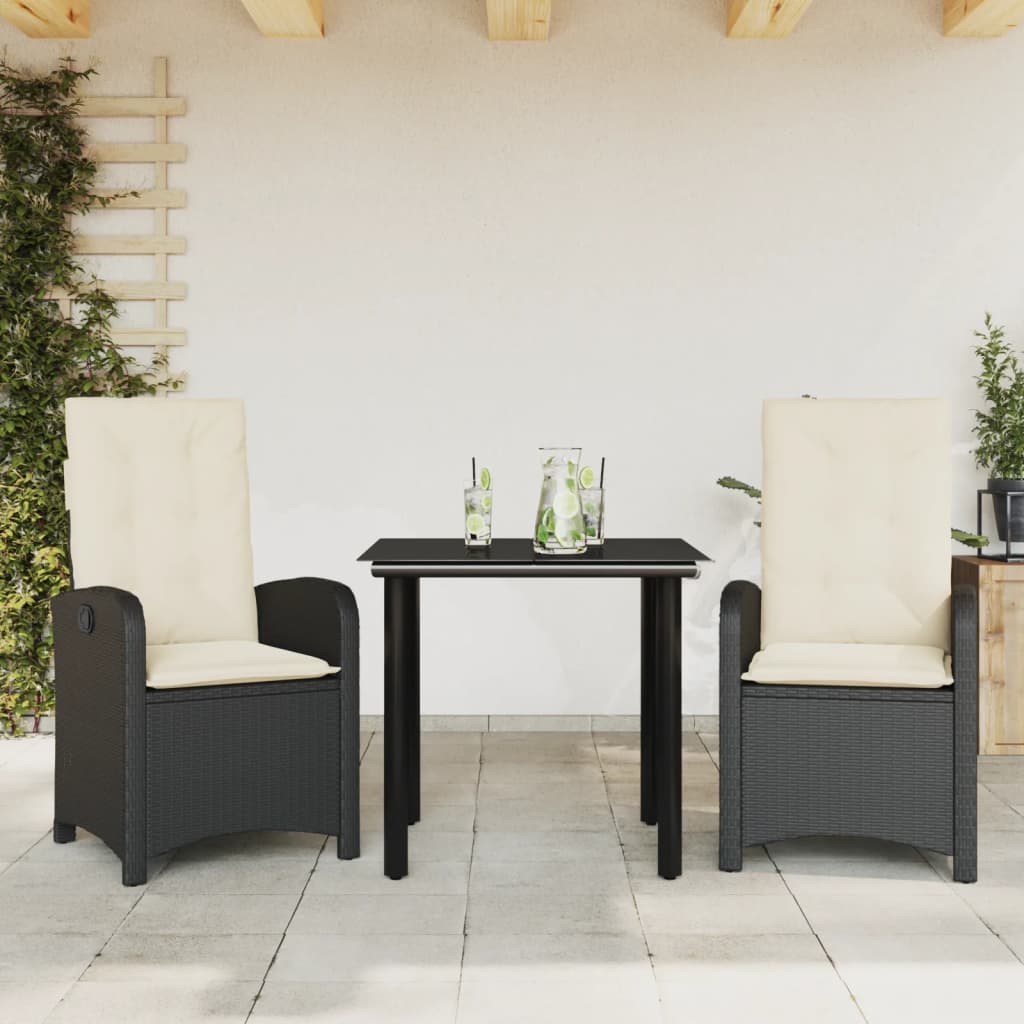 Set da Pranzo da Giardino 3 pz con Cuscini Nero in Polyrattan - homemem39