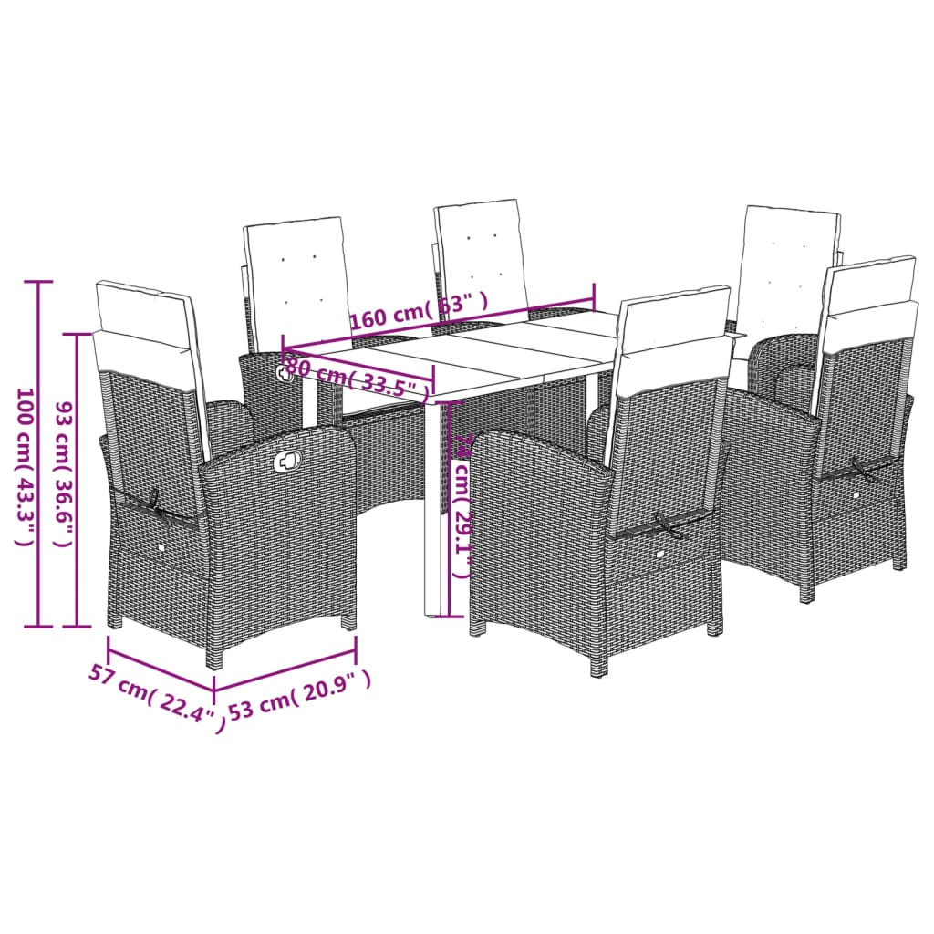 Set da Pranzo da Giardino 7 pz Nero con Cuscini in Polyrattan | homemem39