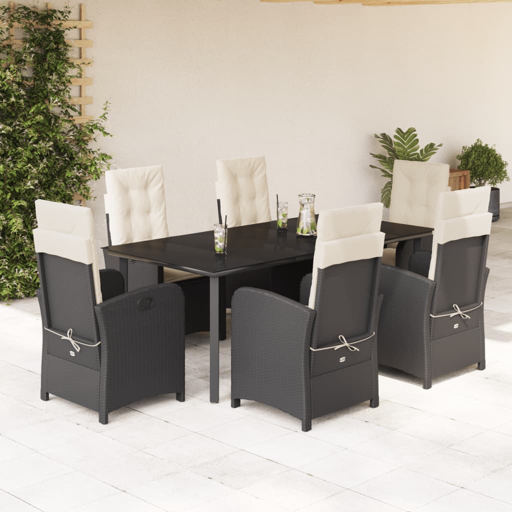 Set da Pranzo da Giardino 7 pz Nero con Cuscini in Polyrattan | homemem39