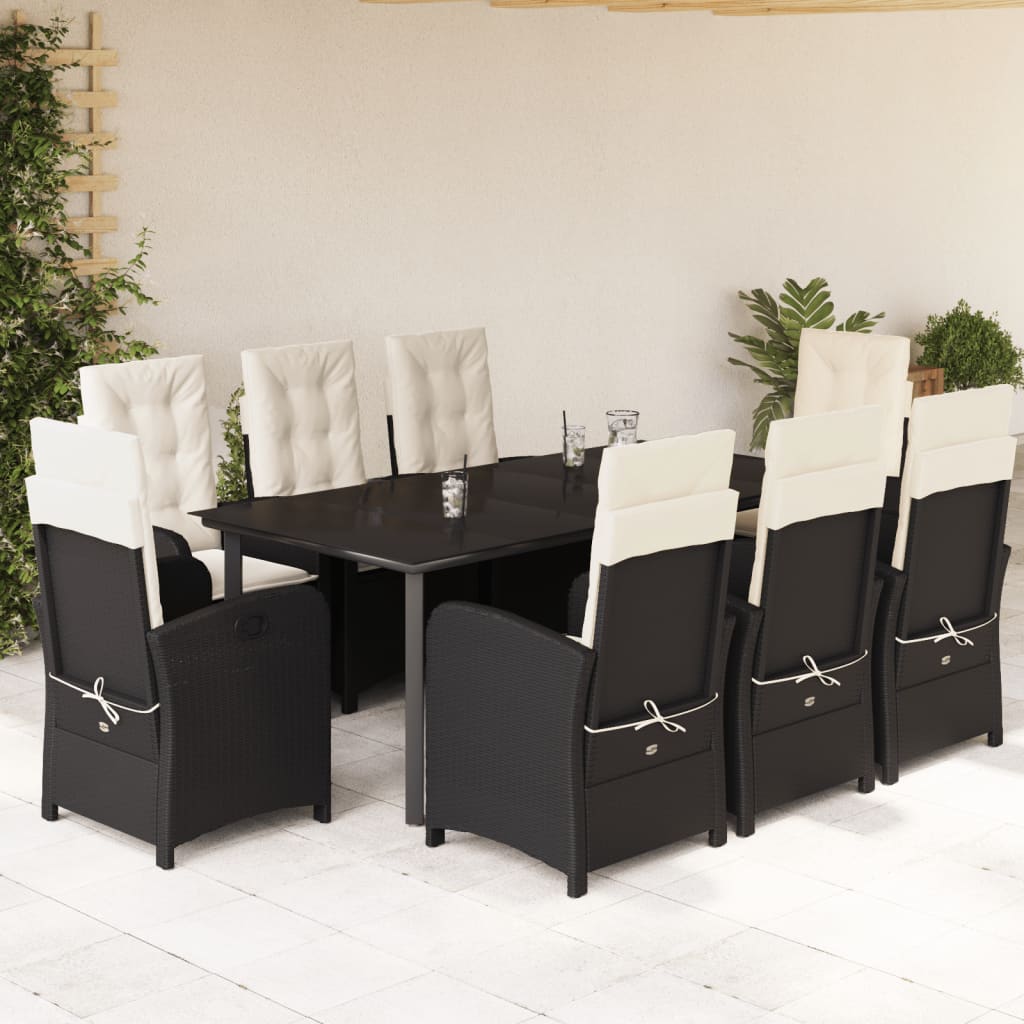 Set da Pranzo da Giardino 9 pz con Cuscini Nero in Polyrattan | homemem39