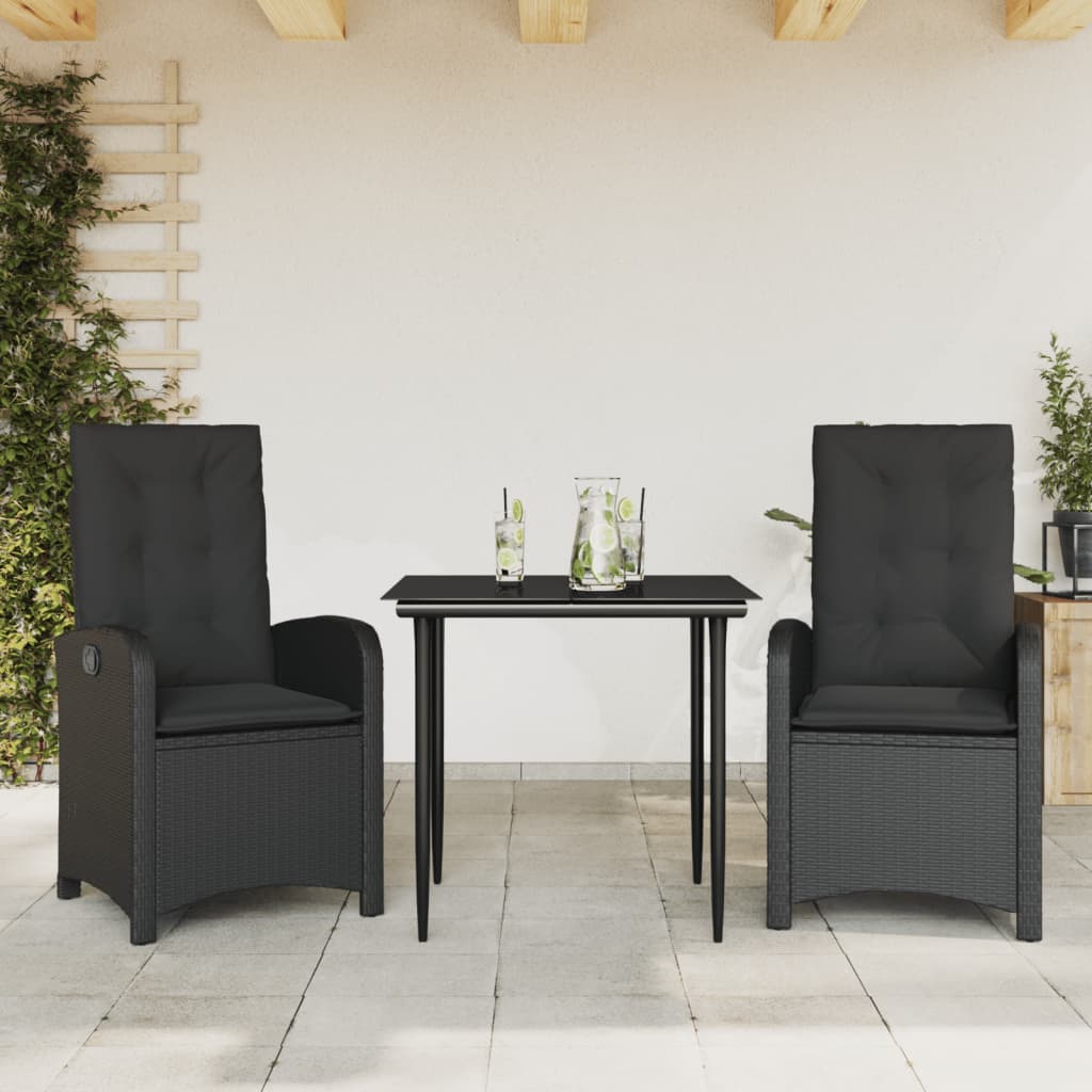 Set da Pranzo da Giardino 3 pz con Cuscini Nero in Polyrattan - homemem39