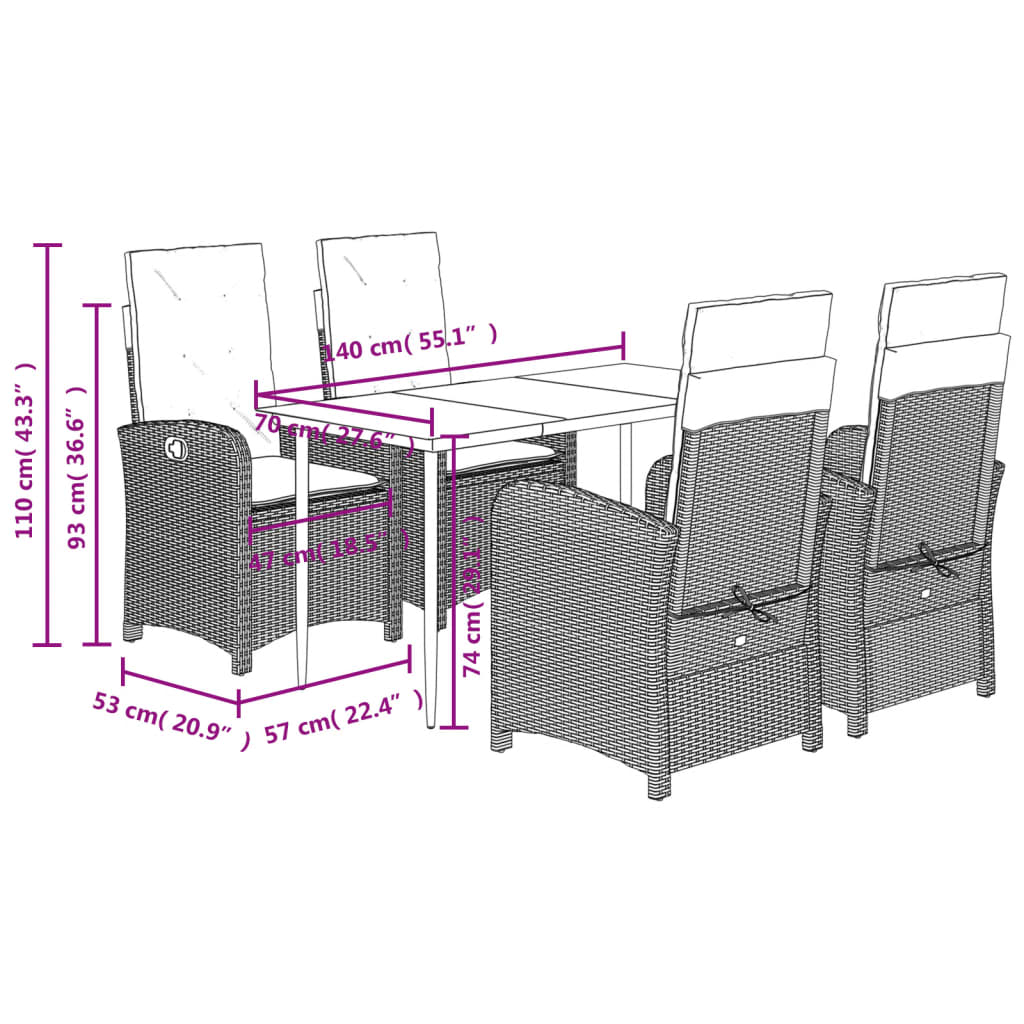 Set da Pranzo da Giardino 5 pz Nero con Cuscini in Polyrattan | homemem39