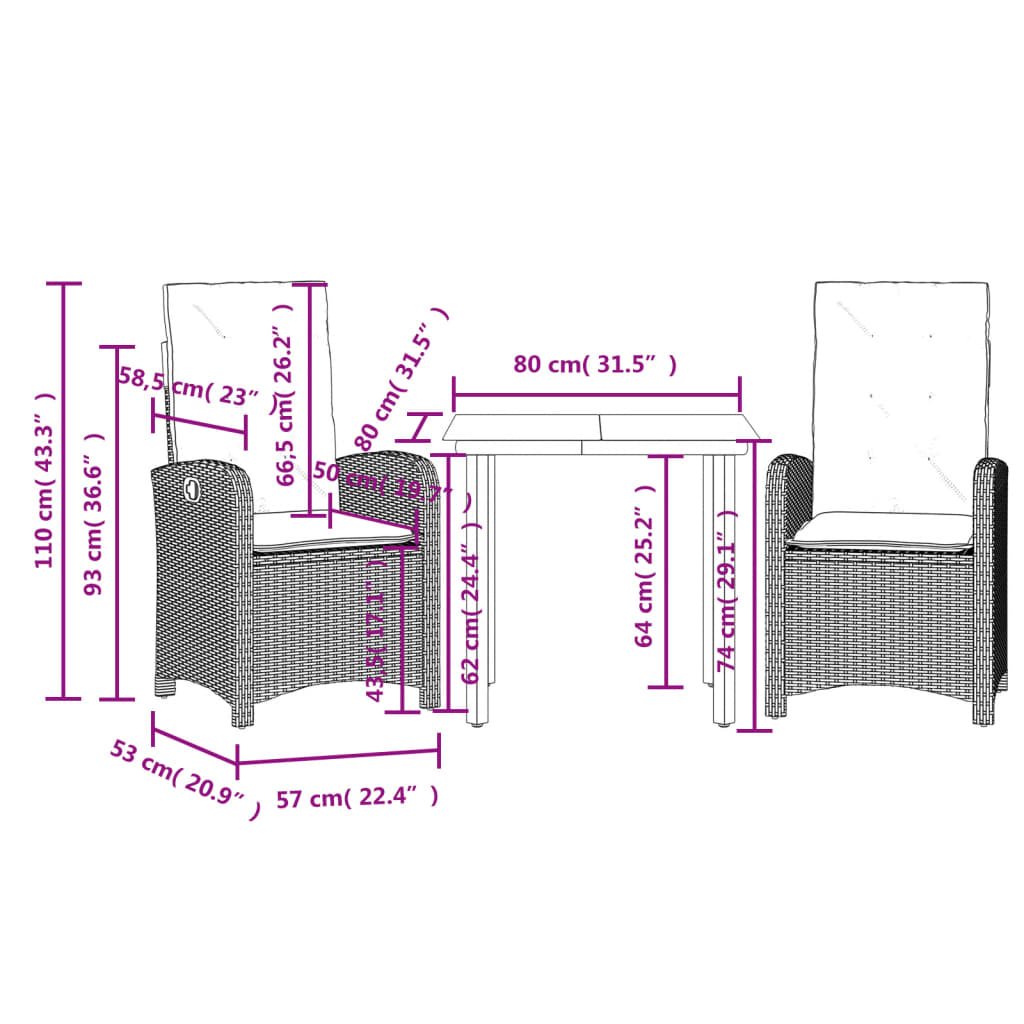 Set da Pranzo da Giardino 3 pz con Cuscini Nero in Polyrattan | homemem39