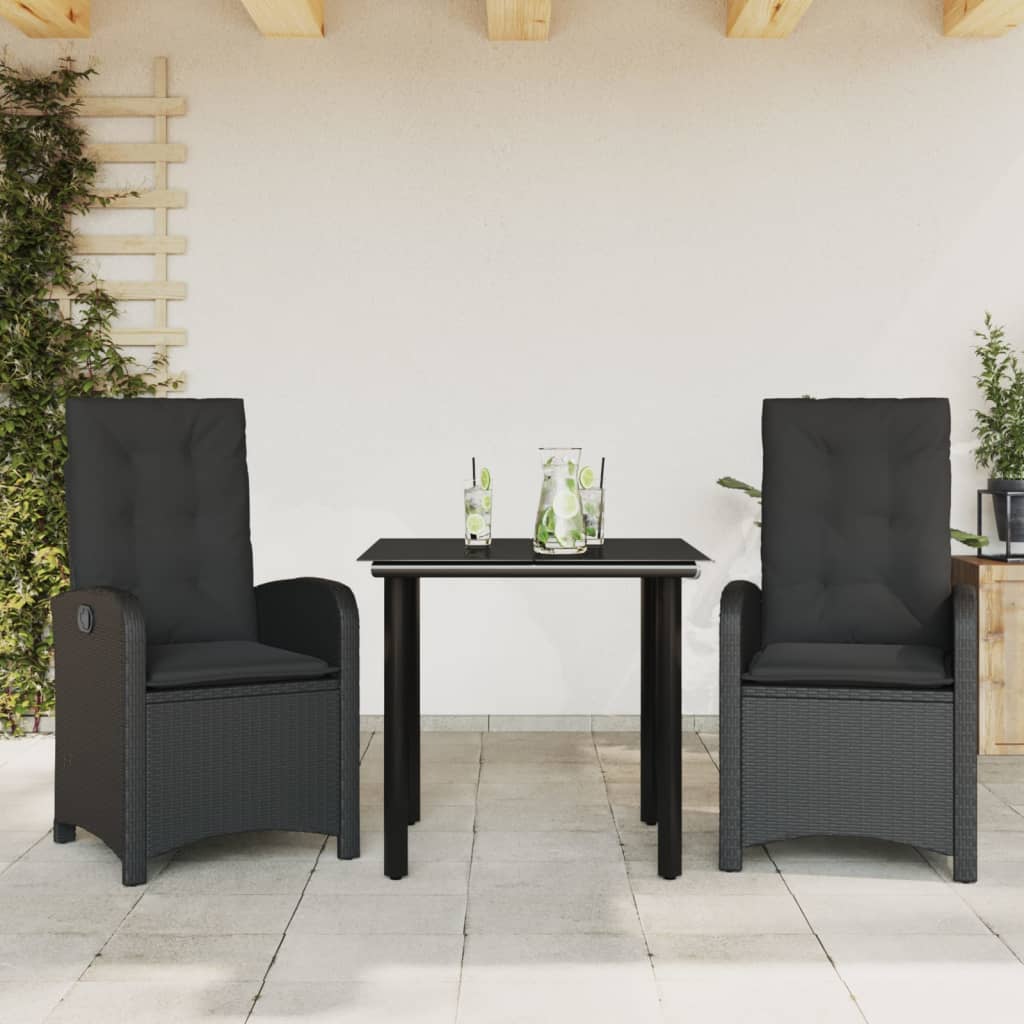 Set da Pranzo da Giardino 3 pz con Cuscini Nero in Polyrattan - homemem39