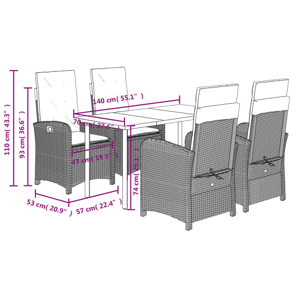 Set da Pranzo da Giardino 5 pz Nero con Cuscini in Polyrattan | homemem39