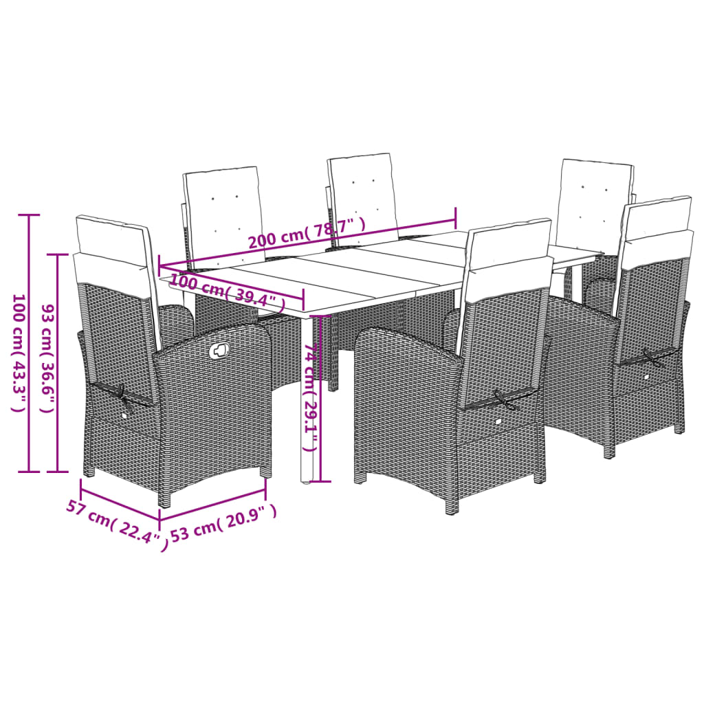 Set da Pranzo da Giardino 7 pz Nero con Cuscini in Polyrattan | homemem39