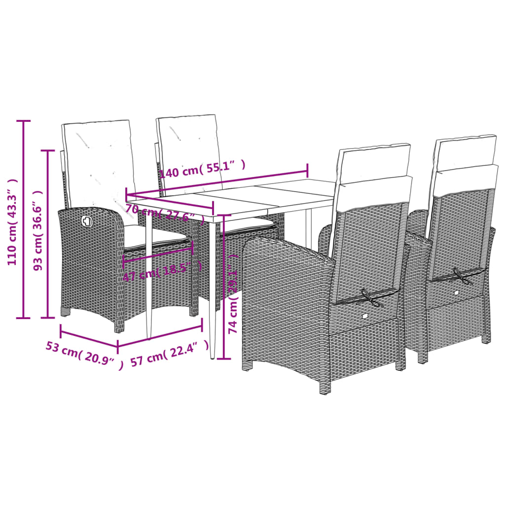 Set da Pranzo da Giardino 5pz con Cuscini in Polyrattan Marrone | homemem39