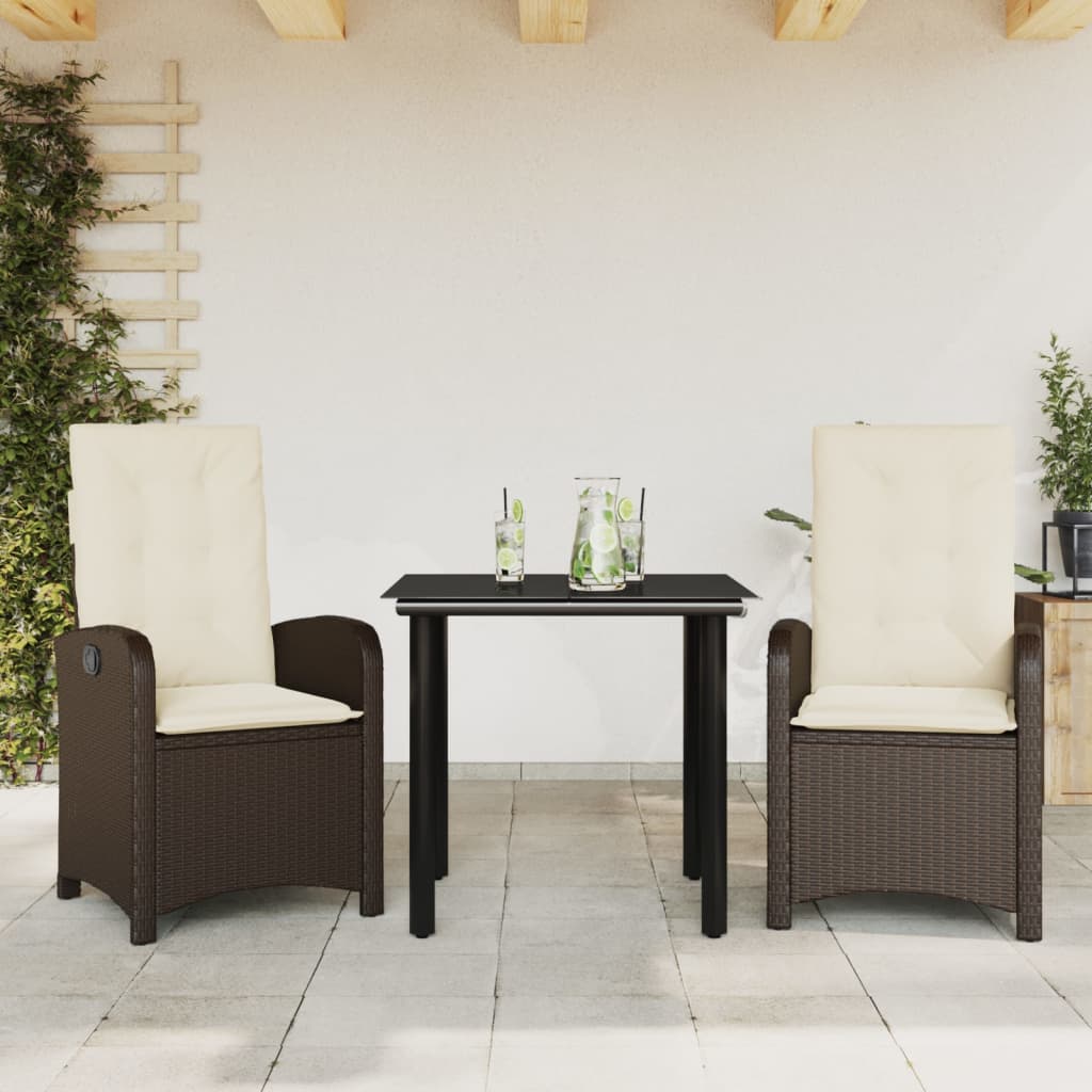 Set da Pranzo da Giardino 3pz con Cuscini in Polyrattan Marrone | homemem39