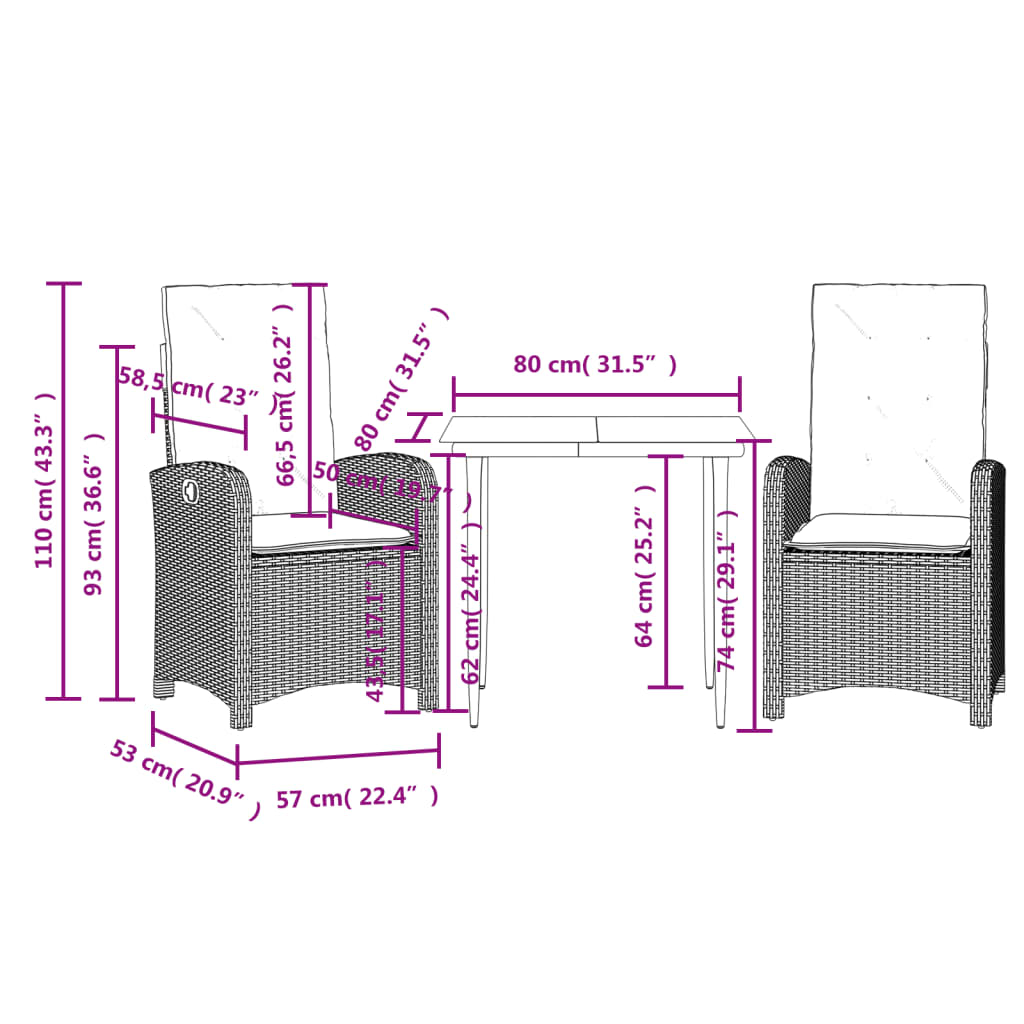 Set da Pranzo da Giardino 3 pz con Cuscini in Polyrattan Grigio | homemem39