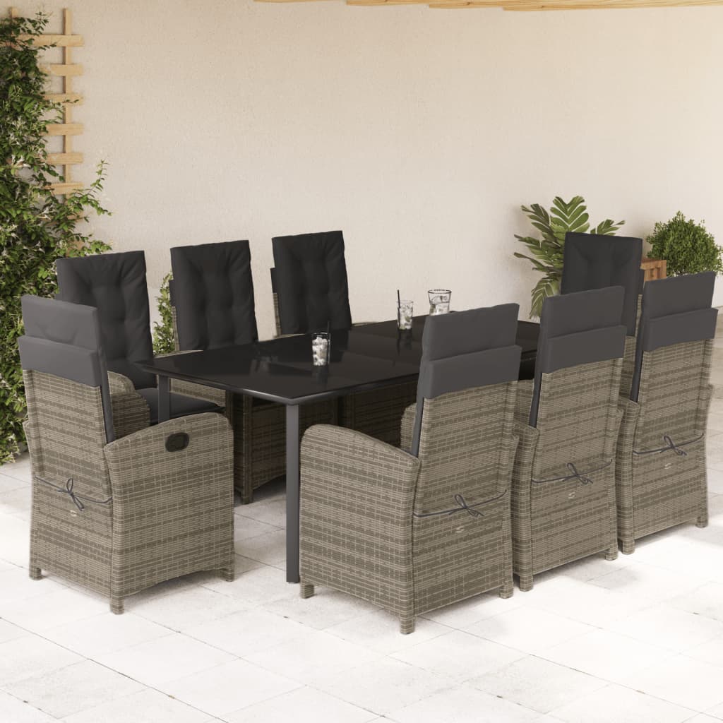 Set da Pranzo da Giardino 9 pz con Cuscini in Polyrattan Grigio - homemem39