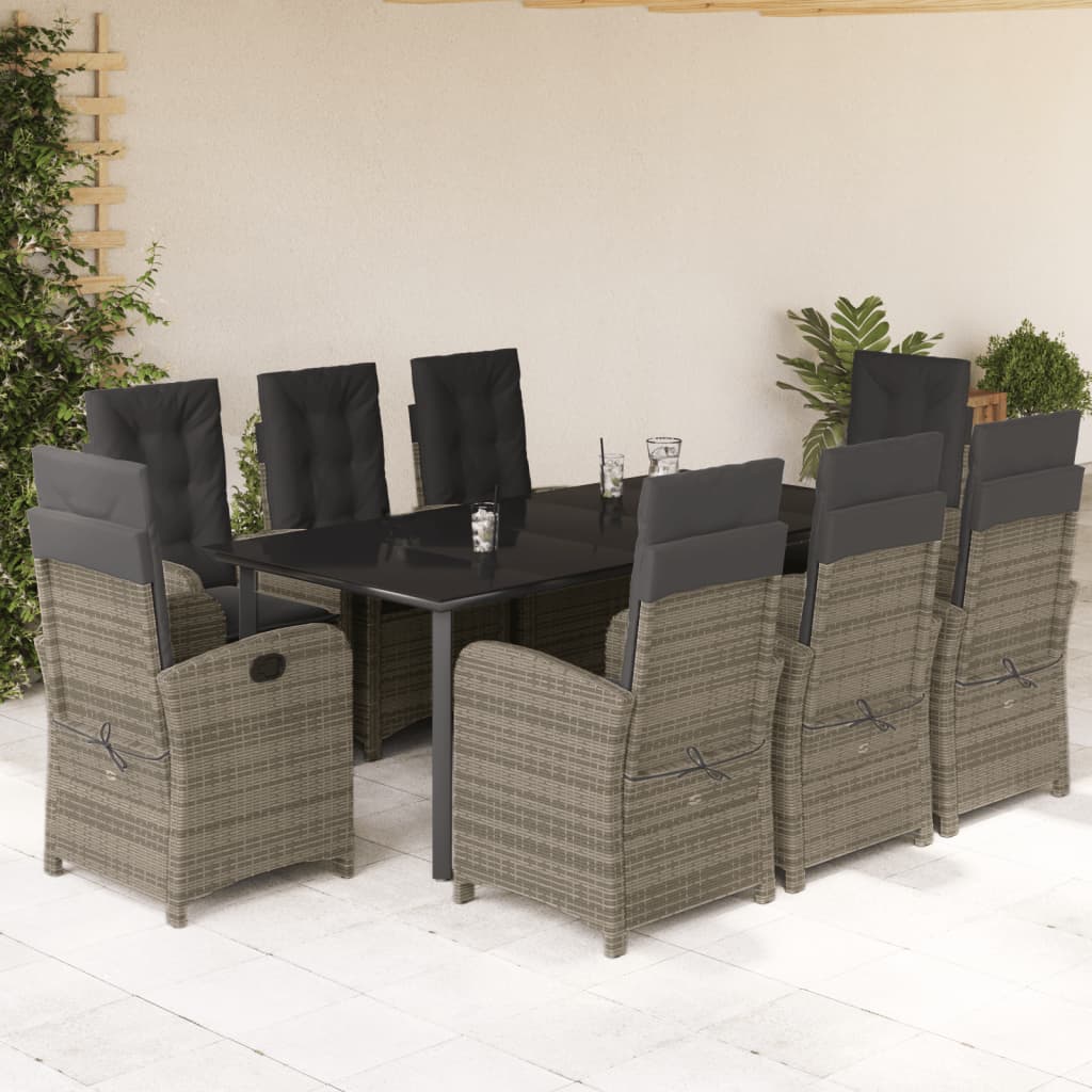Set da Pranzo da Giardino 9 pz con Cuscini in Polyrattan Grigio - homemem39