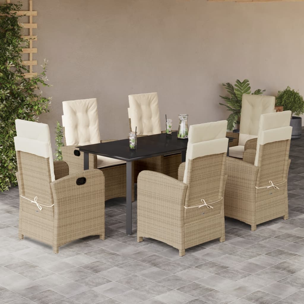 Set da Pranzo da Giardino 7 pz con Cuscini Beige in Polyrattan