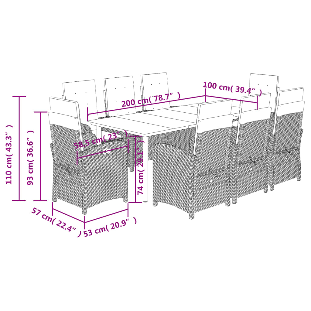 Set da Pranzo da Giardino 9 pz con Cuscini Beige in Polyrattan | homemem39