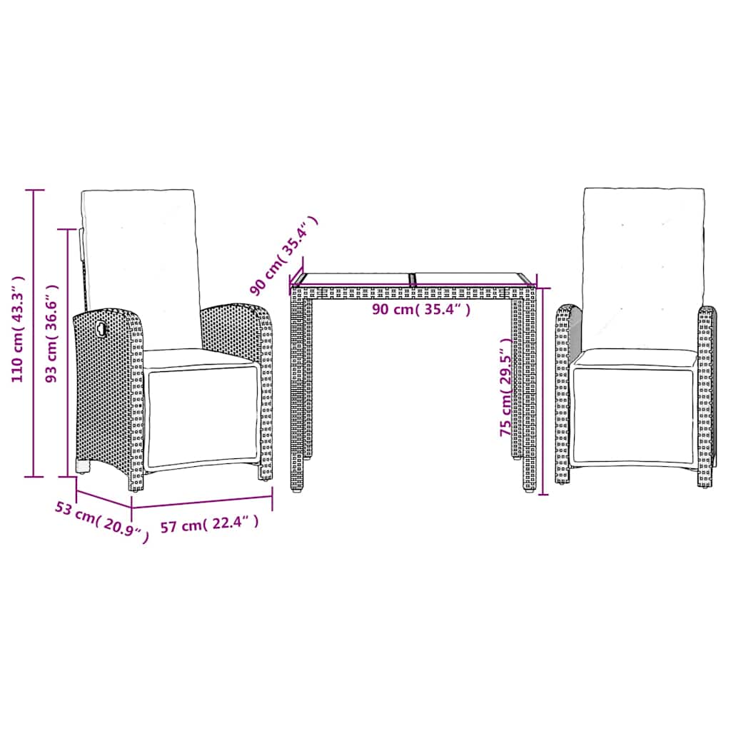 Set da Bistrò 3 pz con Cuscini Nero in Polyrattan | homemem39
