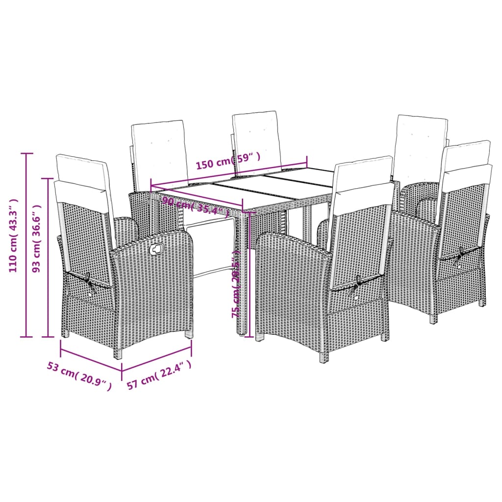 Set da Pranzo da Giardino 7 pz Nero con Cuscini in Polyrattan | homemem39