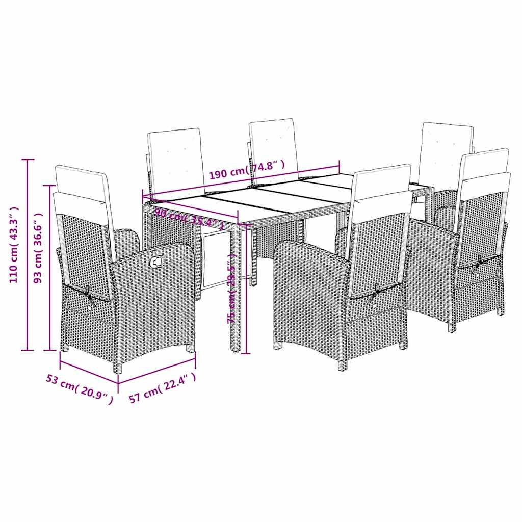 Set da Pranzo da Giardino 7 pz Nero con Cuscini in Polyrattan | homemem39