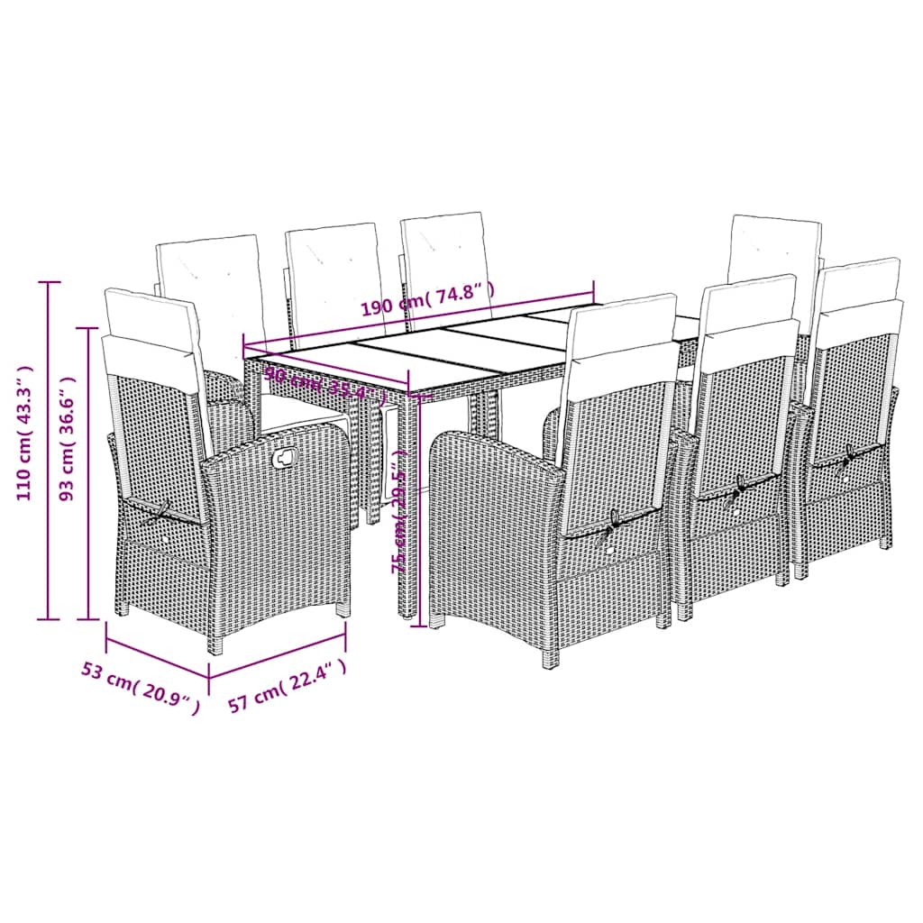 Set da Pranzo da Giardino 9 pz con Cuscini Nero in Polyrattan | homemem39