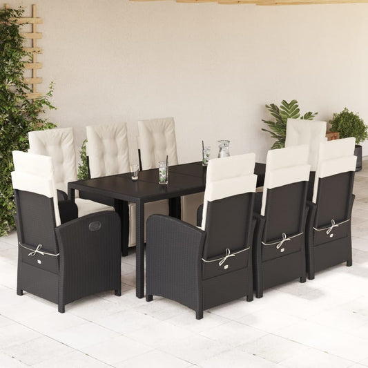 Set da Pranzo da Giardino 9 pz con Cuscini Nero in Polyrattan - homemem39
