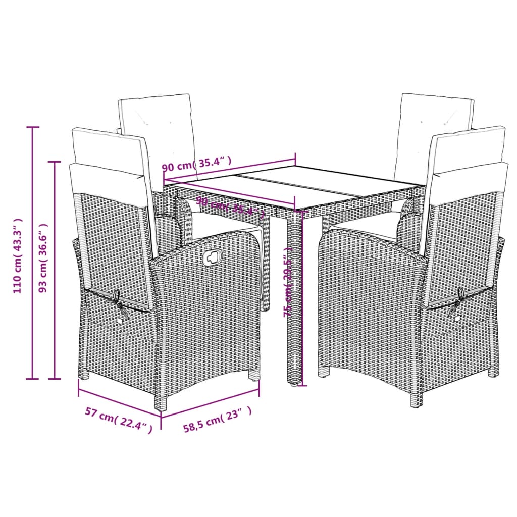 Set da Pranzo da Giardino 5 pz Nero con Cuscini in Polyrattan | homemem39