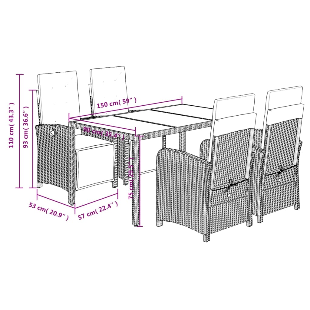 Set da Pranzo da Giardino 5 pz Nero con Cuscini in Polyrattan | homemem39