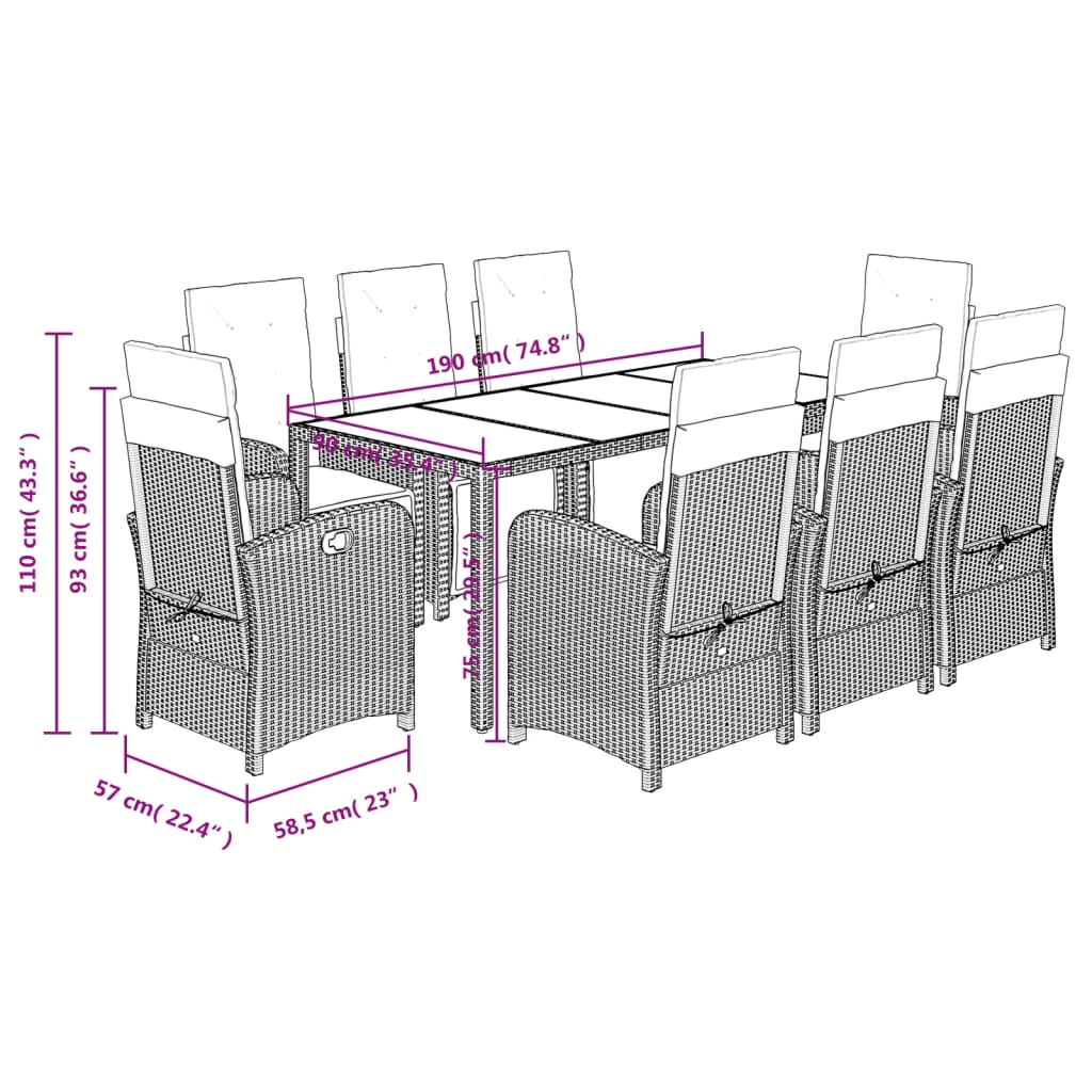 Set da Pranzo da Giardino 9 pz con Cuscini Nero in Polyrattan | homemem39