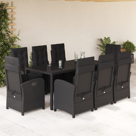 Set da Pranzo da Giardino 9 pz con Cuscini Nero in Polyrattan - homemem39