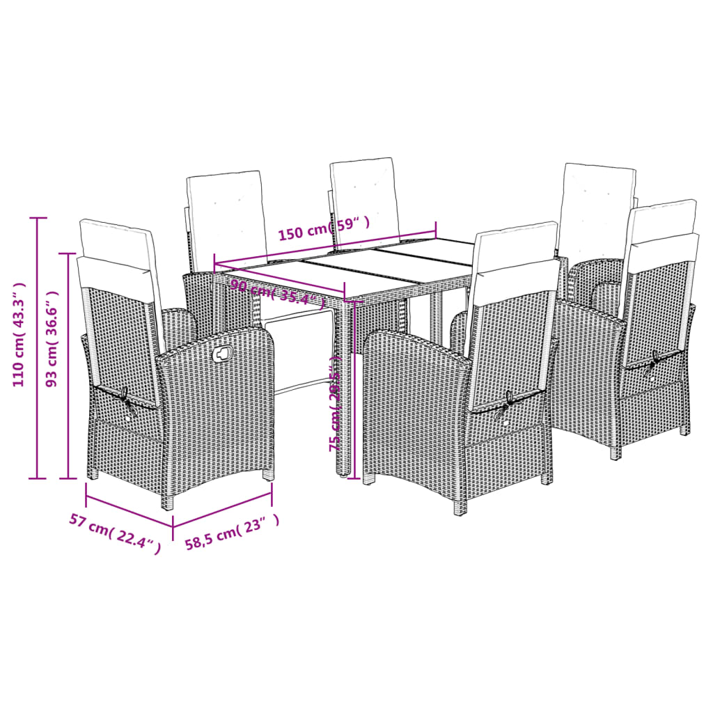 Set da Pranzo da Giardino 7 pz con Cuscini in Polyrattan Grigio | homemem39