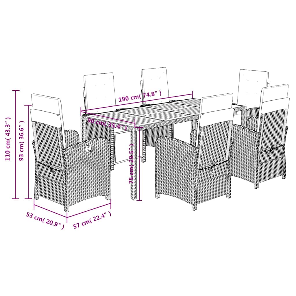 Set da Pranzo da Giardino 7 pz Nero con Cuscini in Polyrattan | homemem39