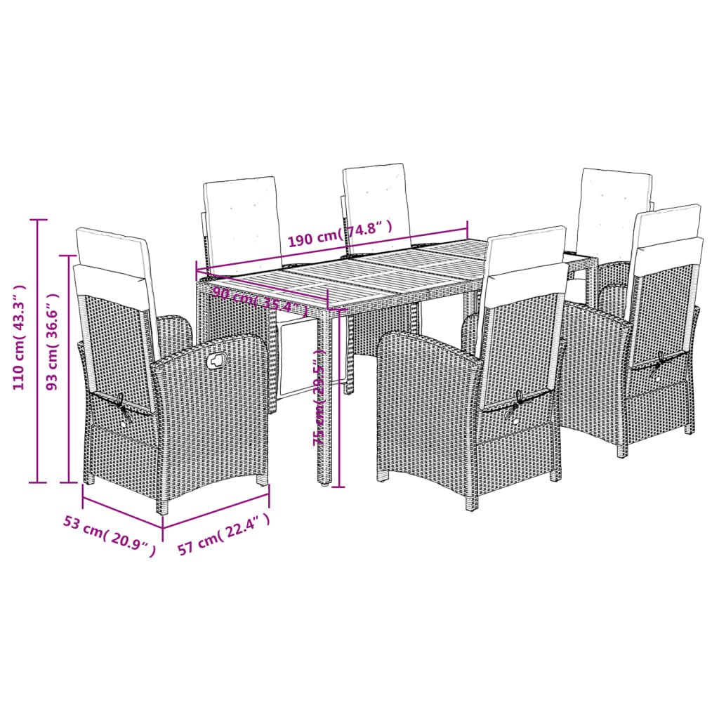 Set da Pranzo da Giardino 7 pz Nero con Cuscini in Polyrattan - homemem39