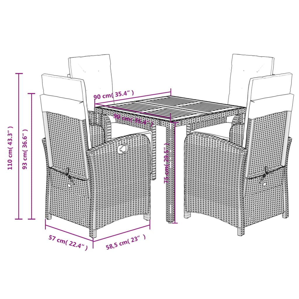 Set da Pranzo da Giardino 5 pz Nero con Cuscini in Polyrattan | homemem39