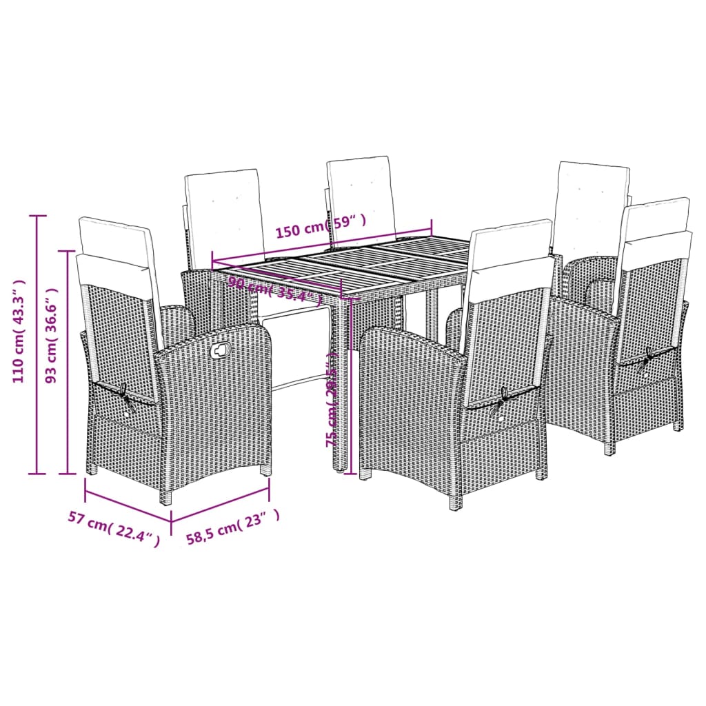 Set da Pranzo da Giardino 7 pz Nero con Cuscini in Polyrattan | homemem39
