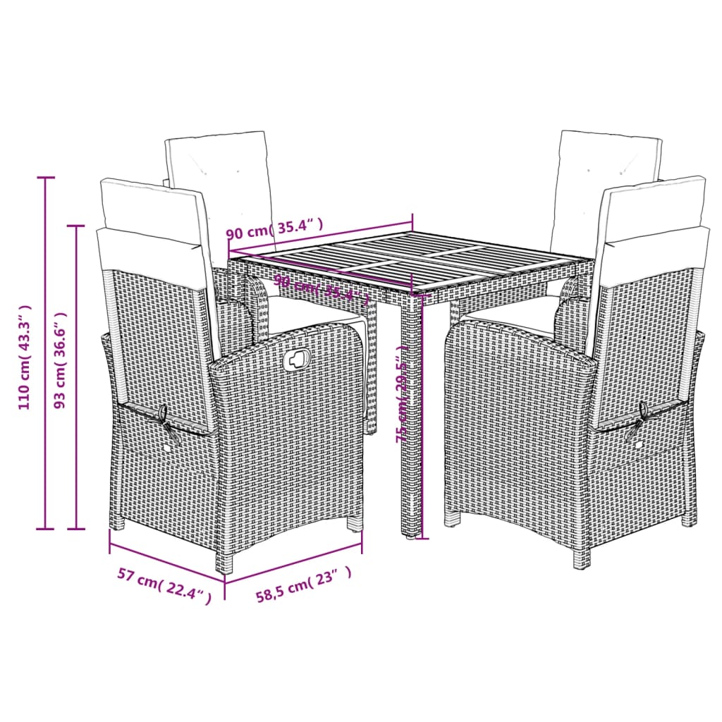 Set da Pranzo da Giardino 5 pz con Cuscini in Polyrattan Grigio - homemem39